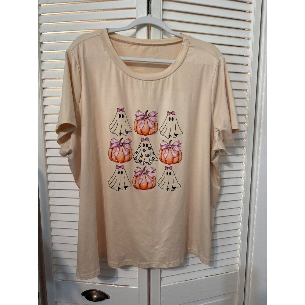 Beige Halloween Graphic Tee With Ghost & Pumpkin Print - Size XL - Cotton Blend